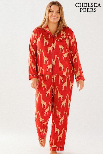 Chelsea Peers Red Curve Satin Giraffe Print Long Pyjama Set (B77871) | £55