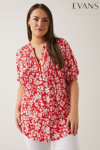 Evans Curve Red Floral Pintuck Blouse (B77932) | £32