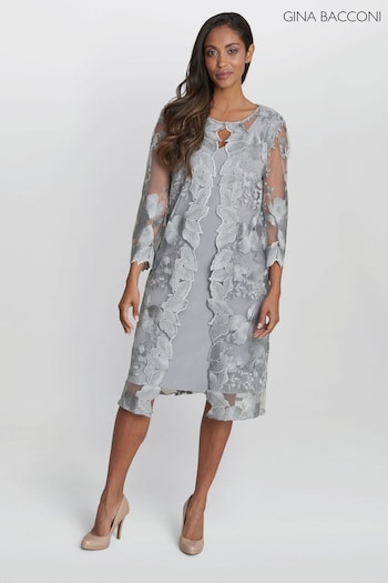 Gina Bacconi Grey Savoy Embroidered Lace Mock Jacket With Jersey Dress (B78024) | £350