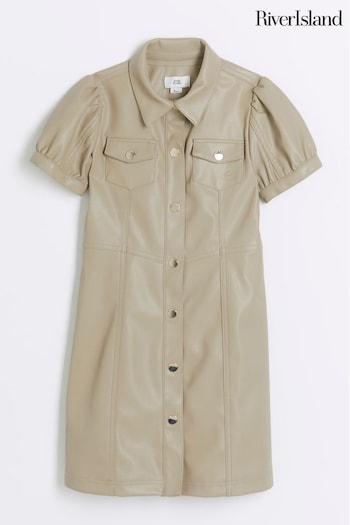 River Island Cream Girls Seamed Faux Leather Shirt Dress (B78066) | £30