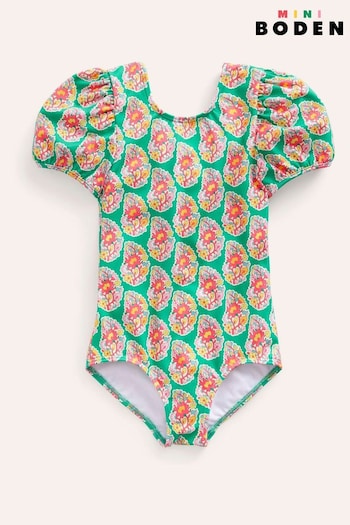 Boden Green Printed Puff Sleeved Swimsuit (B78195) | £23 - £27