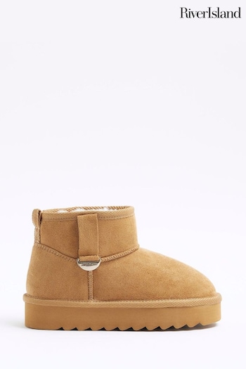 River Island Brown Girls Beige Suedette Fur Lined Boots (B78202) | £28