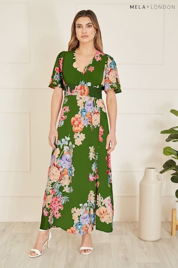 Mela Green Floral Ruched Waist Mavi Dress With Split Hemline (B78314) | £40