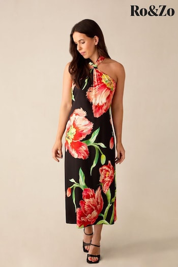 Ro&Zo Petite Lyra Floral Halterneck Black Dress (B78465) | £149