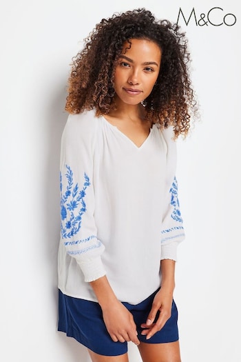 M&Co White Relaxed Blouse With Patterned Sleeves (B78592) | £31