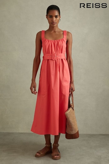 Reiss Coral Liza Cotton Ruched Strap Belted Midi Dress (B78656) | £148