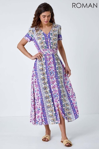 Roman Purple Abstract Print Button Maxi Dress (B78704) | £42