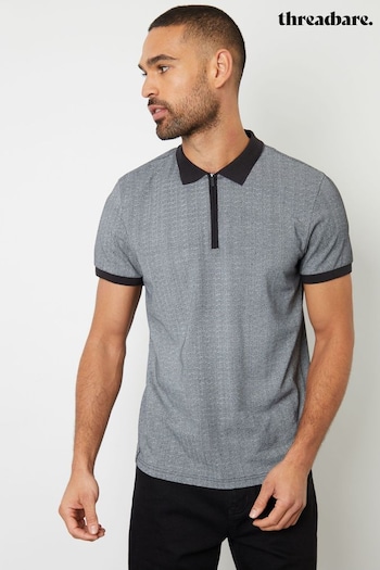 Threadbare Black Rib Collar Printed Zip Neck Cotton Polo Louis Shirt (B78889) | £20