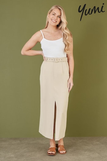 Yumi Natural Cotton Midi Skirt With Belt And Split Hem (B79024) | £45