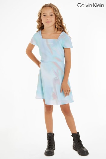 Calvin Klein Blue Tye Dye Square Neck Dress (B79044) | £90