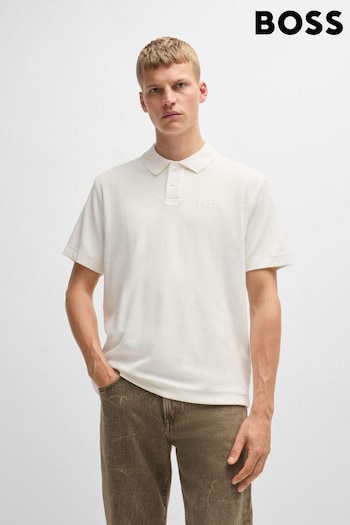 BOSS White Cotton-Towelling Polo Shirt With Mixed-Technique Logo (B79152) | £89