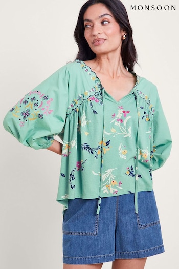 Monsoon Green Maya Floral Embroidered Top (B79325) | £49