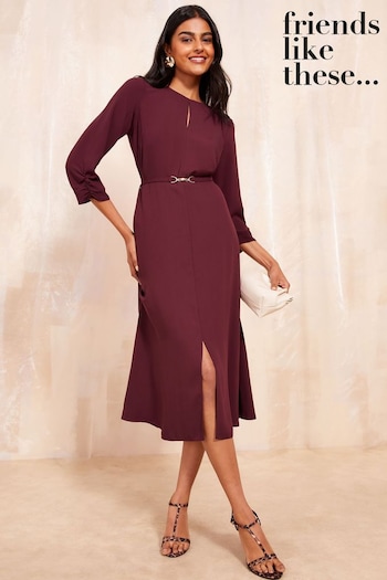 Friends Like These Burgundy Red Tulip Sleeve Belted Flute Hem Dress (B79891) | £49