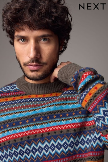 Multi/Dark Stone Crew Neck Regular Fit Fairisle Pattern Jumper with Wool (B80005) | £34