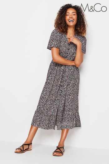 M&Co Black Floral Print Tie Waist Short Sleeve Maxi Enge Dress (B80090) | £34