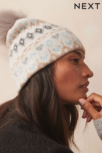 Cream/Blue Fairisle Pattern Knitted Pom Hat (B80191) | £28