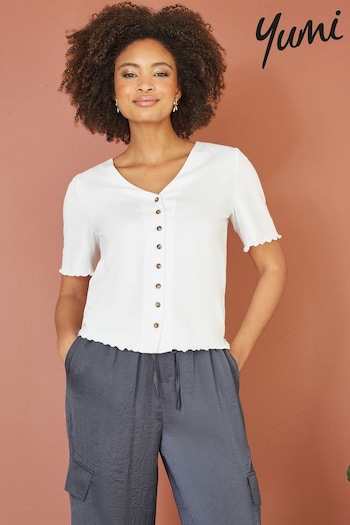 Yumi White Cotton Button Detail T-Shirt (B80400) | £25