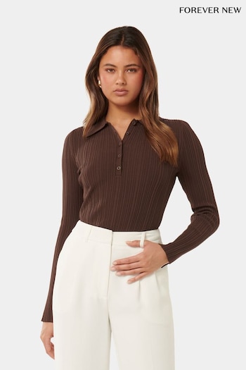 Forever New Brown Vida Half Placket Polo Knit Top (B80474) | £60