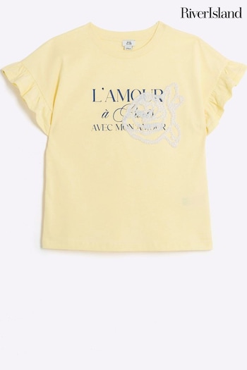 River Island Yellow Girls Frill Sleeve Embellished T-Shirt (B80528) | £14