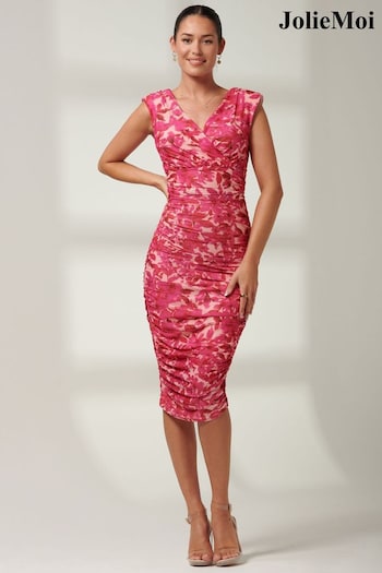 Jolie Moi Pink Pamela Ruched Mesh Bodycon Dress (B80616) | £78