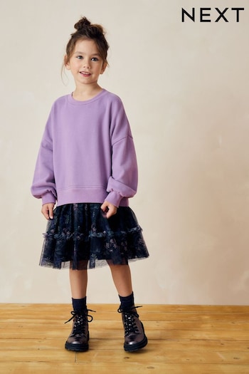 Lilac Purple/Black Floral Print 2-in-1 Long Sleeve Sweat Dress with Mesh Skirt (3-14yrs) (B80684) | £22 - £28