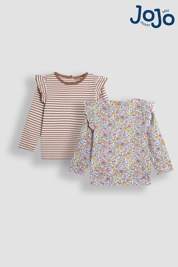 JoJo Maman Bébé Mustard Yellow Floral and Stripe Frill Tops 2 Pack (B81058) | £22