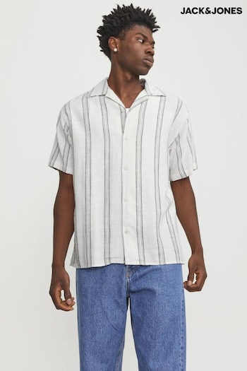 JACK & JONES White Stripe Print Revere Collar Short Sleeve Shirt (B81077) | £36