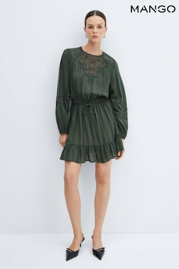 Mango Puff-Sleeved Embroidered Khaki Green Dress (B81335) | £60