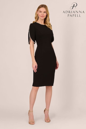 Adrianna Papell Knit Crepe Pearl Midi Black Dress (B81564) | £149