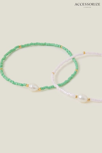 Accessorize Green/White Plated 14CT Pearl Bracelet 2 Pack (B82123) | £16
