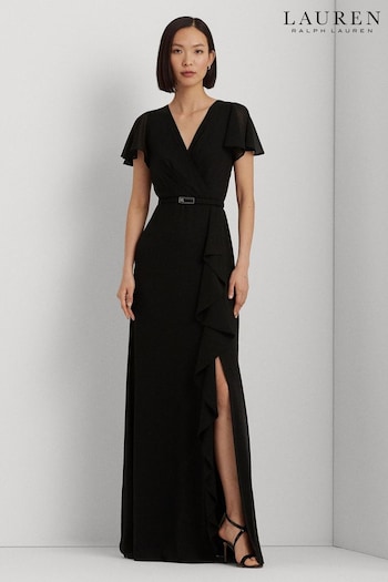 Lauren Ralph Lauren Belted Georgette Flutter Sleeve Black Gown (B82267) | £349
