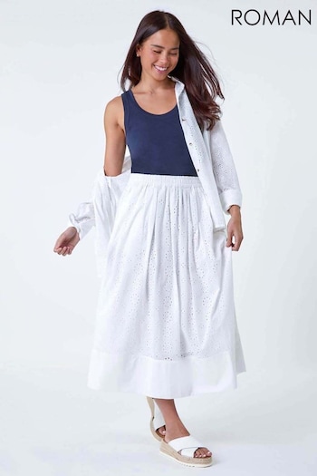 Roman White Cotton Broderie Midi Skirt (B82311) | £35
