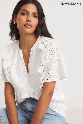 JD Williams Broderie Frill Jersey Back White Top (B82740) | £26