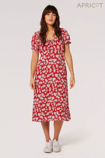 Apricot Red Scattered Floral Ditsy Midi Dress (B82773) | £35