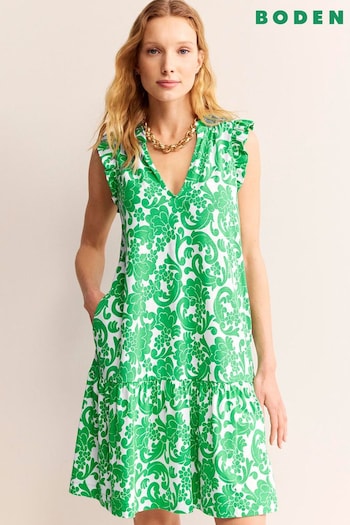Boden Green Daisy Jersey Short Tier Dress (B83087) | £60