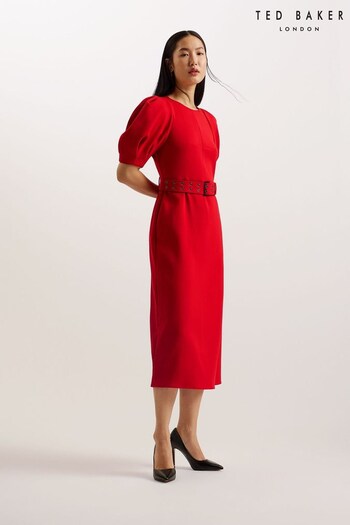 Ted Baker Red Gabyela Puff Sleeve Midi Dress With Belt (B83550) | £195