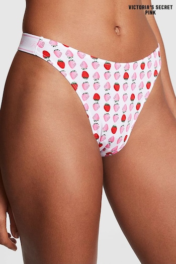 Victoria's Secret PINK Optic White Strawberry Print Cotton Logo Scoop Thong Knickers (B83593) | £9