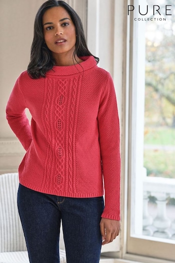 Pure Collection Red Cotton Bardot Cable Sweater (B83681) | £99