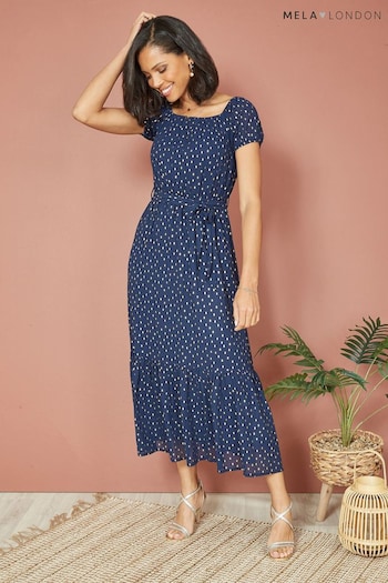 Mela Blue Foil Print Bardot Midi Dress (B83687) | £45