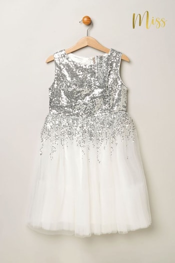 Miss Sequin Twist Bow Waterfall Tulle Skirt White Dress (B84119) | £38