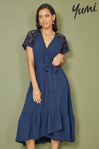Yumi Blue Lace Sleeve Midi Wrap Over Dress (B84349) | £55