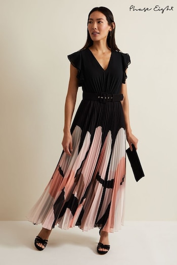 Phase Eight Isla Printed Skirt Ruffle Top Black Maxi Dress (B84404) | £179