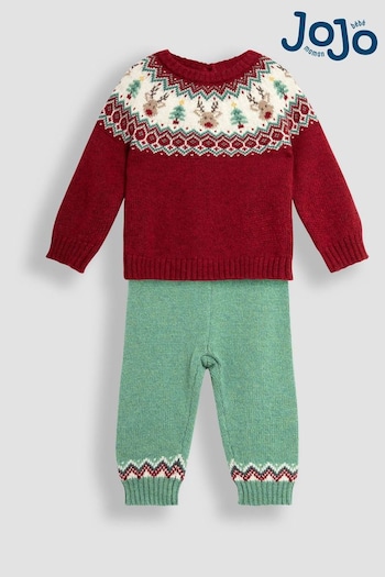 JoJo Maman Bébé Red Christmas Fair Isle Pattern Knitted Jumper & Leggings Set (B84496) | £32