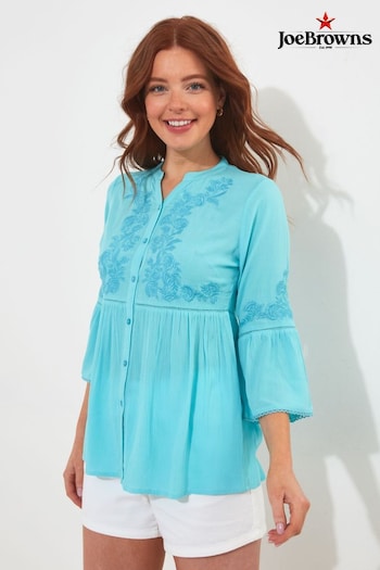 Joe Browns Blue Embroidered Button Down Collarless Blouse (B84687) | £50