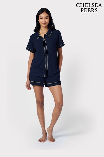 Chelsea Peers Navy Ribbed Short Button Up Pyjama Set (B84728) | £45