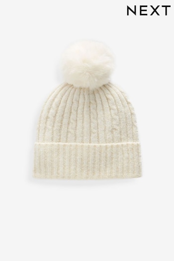 Cream/Gold Pom Cable Knit Beanie Hat (3-16yrs) (B84803) | £6 - £9