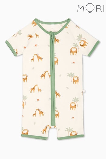 MORI Cream Organic Cotton & Bamboo Giraffe Print Zip Up Sleepsuit (B84825) | £28.50