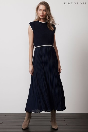 Mint Velvet Blue Ribbed Knit highlaceup Dress (B84921) | £129