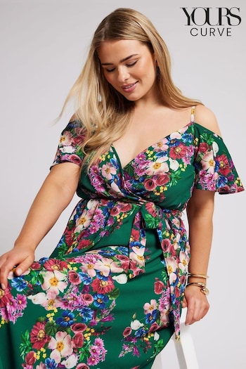 Yours Curve Green Floral Print Cold Shoulder Wrap Dress (B85026) | £60