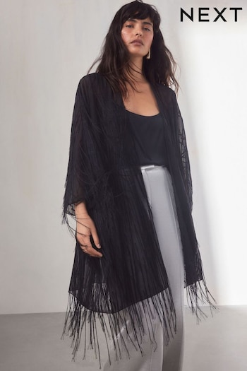 Black Fringe Longline Kimono (B85338) | £0